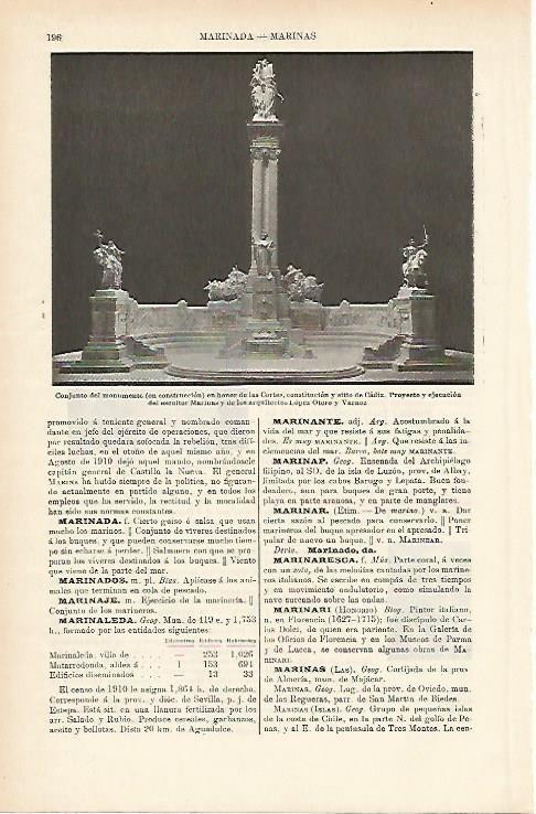 LAMINA ESPASA 1095: Monumento a las Cortes de Cadiz