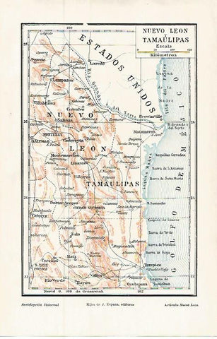 LAMINA ESPASA 9393: Mapa de Nuevo Leon y Tamaulipas Mexico