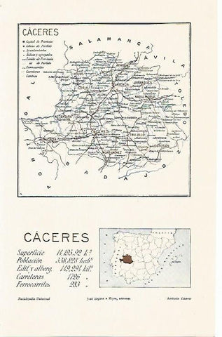 LAMINA De ESPASA 0091: Mapa de la provincia de Caceres