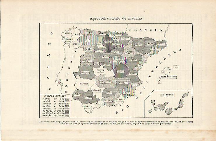 LAMINA ESPASA 1734: Mapa de España con el aprovechamiento de maderas