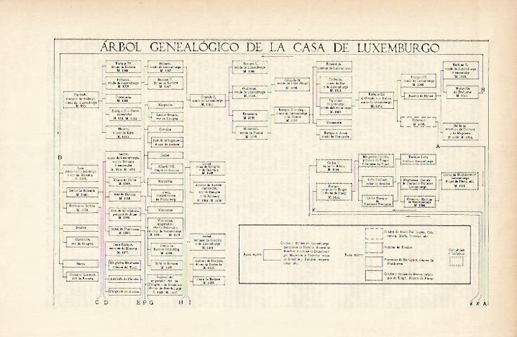 LAMINA ESPASA 1774: Arbol genealogico de la Casa de Luxemburgo