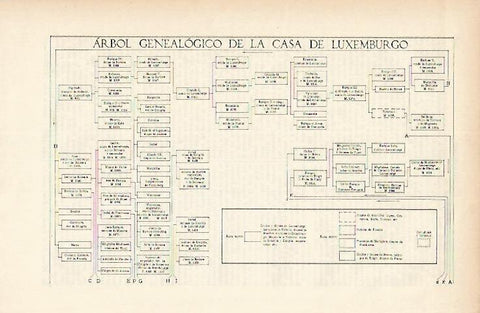LAMINA ESPASA 1774: Arbol genealogico de la Casa de Luxemburgo