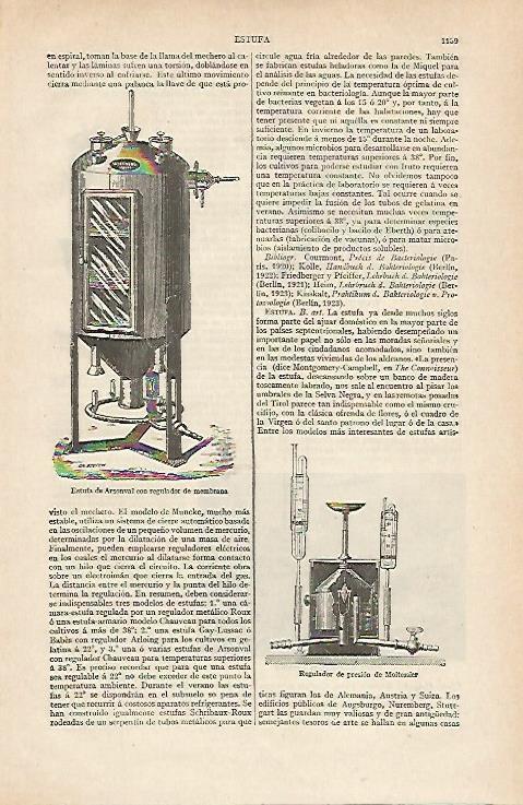 LAMINA ESPASA 16057: Estufa de Arsonval y regulador de presion de Moitessier