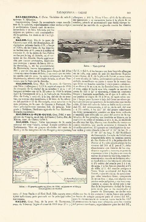 LAMINA ESPASA 18202: Salou: vista y plano del puerto de 1739