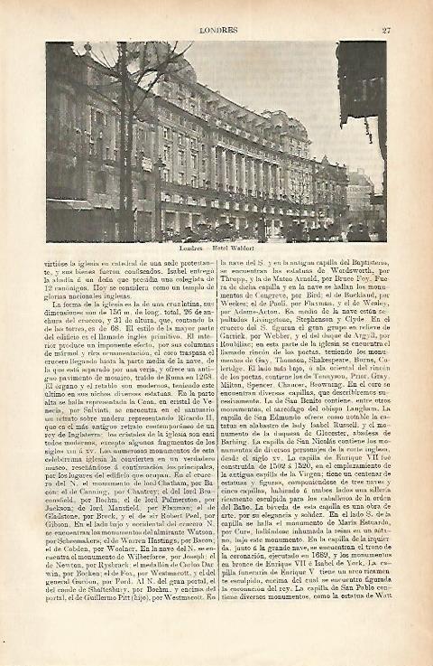 LAMINA ESPASA 1887: Hotel Waldorf de Londres y foto trasera del Ministerio de la Guera en Londres