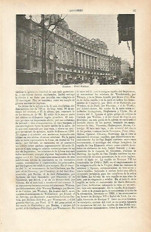 LAMINA ESPASA 1887: Hotel Waldorf de Londres y foto trasera del Ministerio de la Guera en Londres