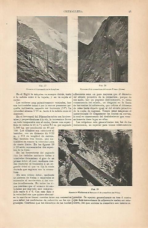 LAMINA ESPASA 14173: Lineas de ferrocarril cremallera de la Jungfrau y Monte Pilato (Suiza)