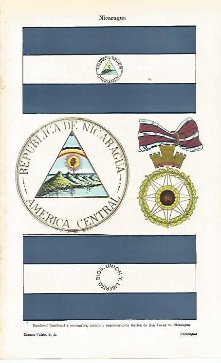 LAMINA ESPASA 20146: Banderas escudo y condecoraciones de Nicaragua