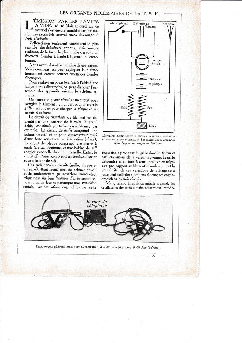 LAMINA 30223: Montage d une lampe a trois electrodes employee comme emetteur d ondes  Deux casques reception