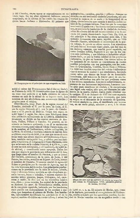 LAMINA ESPASA 11973: El Tunguragua en el principio de una erupcion en 1925