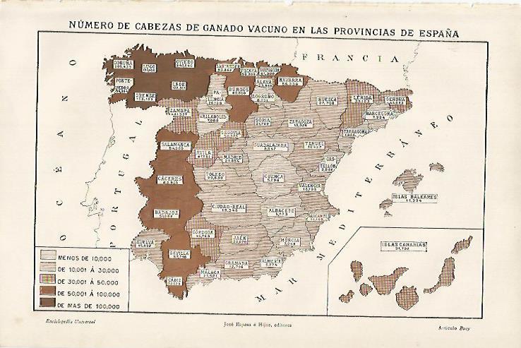 LAMINA ESPASA 11875: Mapa de España con el numero de cabezas de vacuno