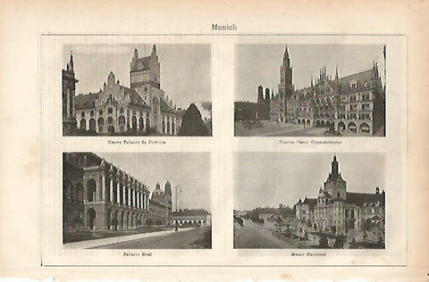 LAMINA ESPASA 11510: Palacio de Justicia Ayuntamiento Palacio Real y Museo Nacional de Munich
