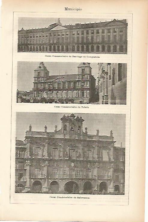 LAMINA ESPASA 11496: Ayuntamientos de Santiago de Compostela Toledo y Salamanca