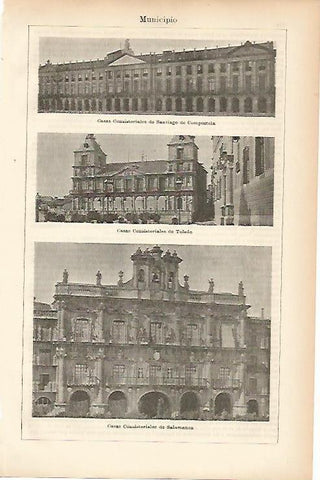 LAMINA ESPASA 11496: Ayuntamientos de Santiago de Compostela Toledo y Salamanca