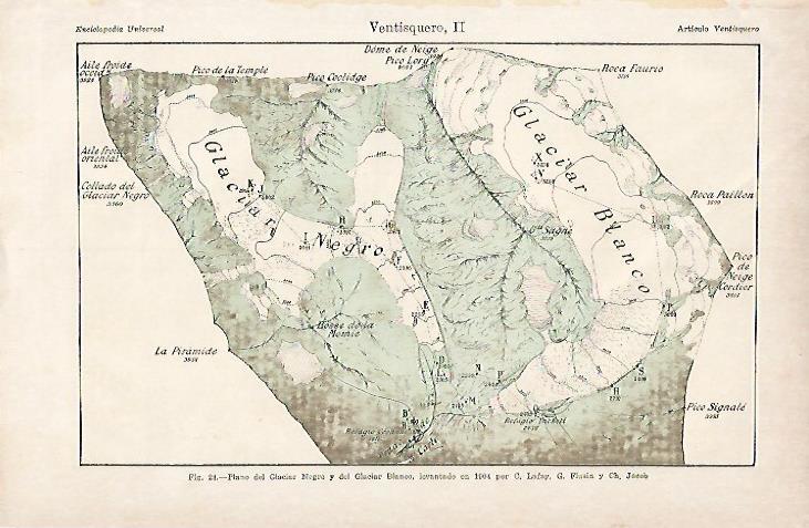 LAMINA ESPASA 6045: Plano del Glaciar Negro y el Glaciar Blanco de 1904