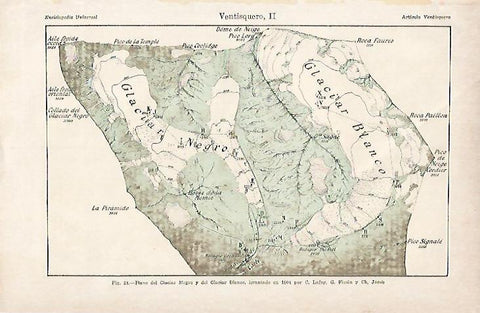 LAMINA ESPASA 6045: Plano del Glaciar Negro y el Glaciar Blanco de 1904