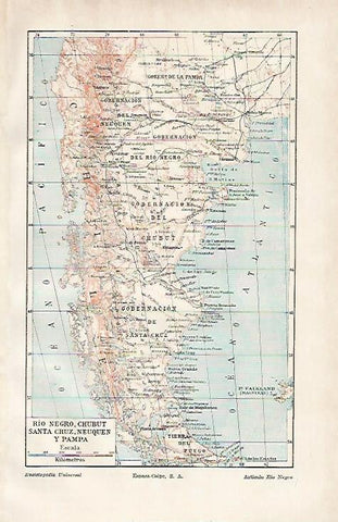 LAMINA ESPASA 6591: Mapa de Rio Negro Chubut Santa Cruz Neuquen y Pampa. 