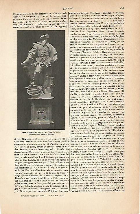LAMINA ESPASA 6835: Escultura de Juan Sebastian Elcano por Bellver