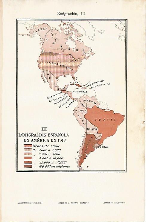 LAMINA ESPASA 6894: Mapa de la inmigracion española en America en 1913
