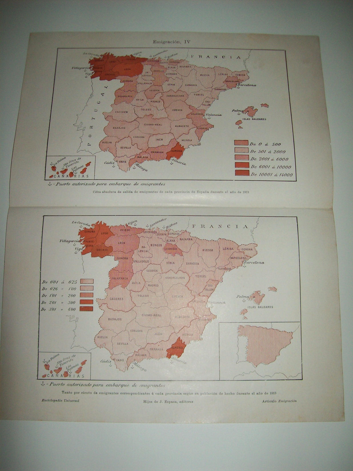 LAMINA ESPASA 6895: Mapa de España de los puertos de embarque de emigrantes en 1913