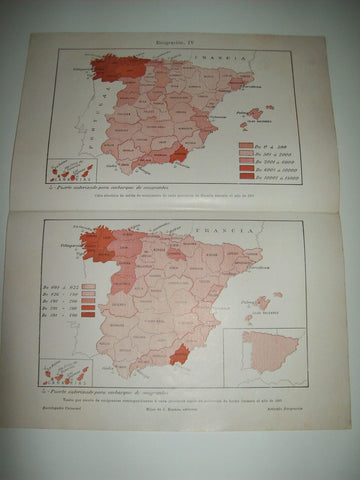 LAMINA ESPASA 6895: Mapa de España de los puertos de embarque de emigrantes en 1913