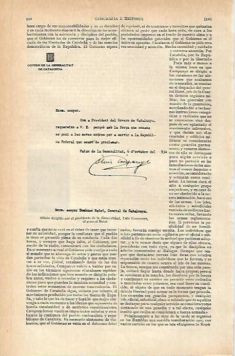 LAMINA ESPASA 796: Reproduccion del Oficio de Lluis Companys al General Batet