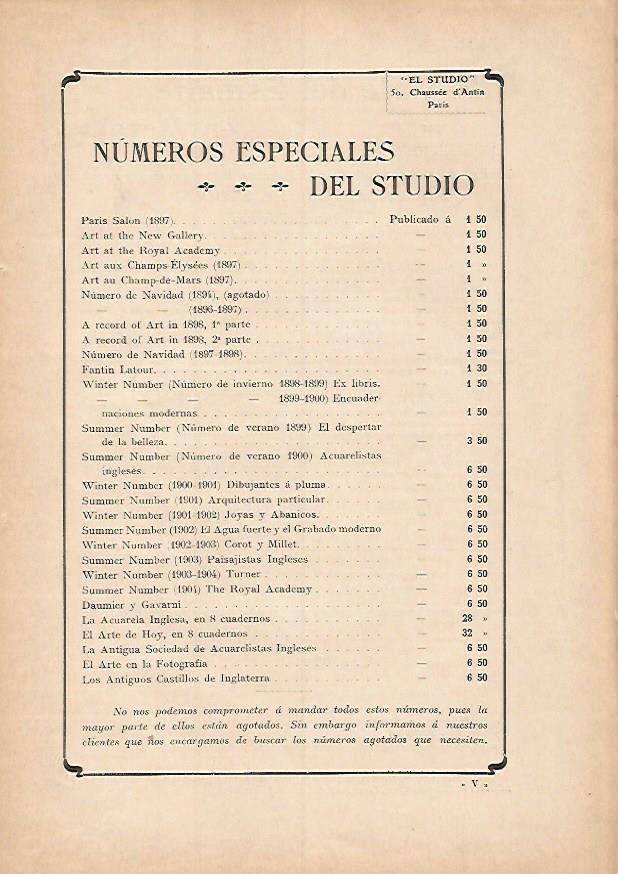 LAMINA 7311: Numeros especiaes del Studio (indice)