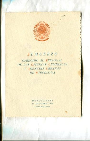 Diptico Almuerzo ofrecido al personal de las oficinas centrales y agencias urbanas de Barcelona en 1954