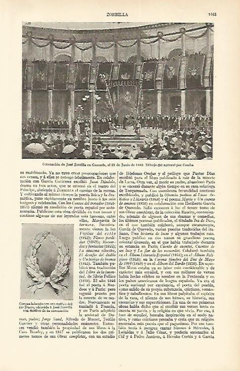 LAMINA ESPASA 1697: Coronacion de Jose Zorrilla en Granda dibujo por Comba