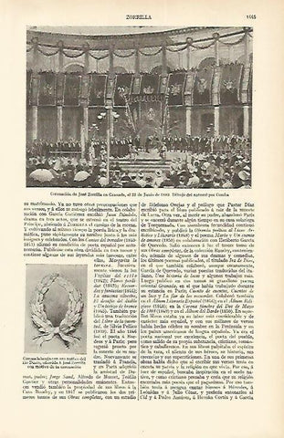 LAMINA ESPASA 1697: Coronacion de Jose Zorrilla en Granda dibujo por Comba