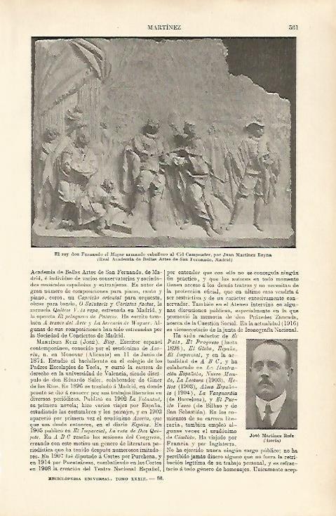 LAMINA ESPASA 1136: El rey Fernando el Magno armando caballero al Cid obra de Martinez Reyna