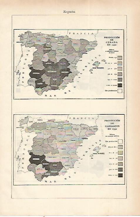 LAMINA ESPASA 22471: Produccion de cebada y grabanzos en España en 1930