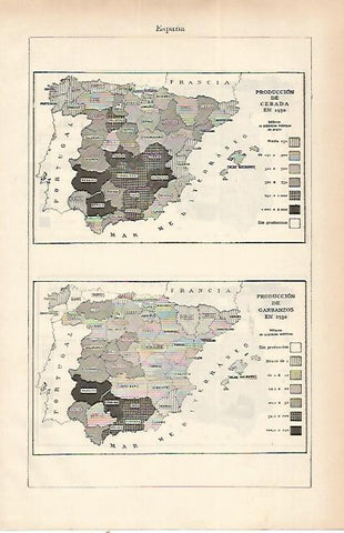 LAMINA ESPASA 22471: Produccion de cebada y grabanzos en España en 1930