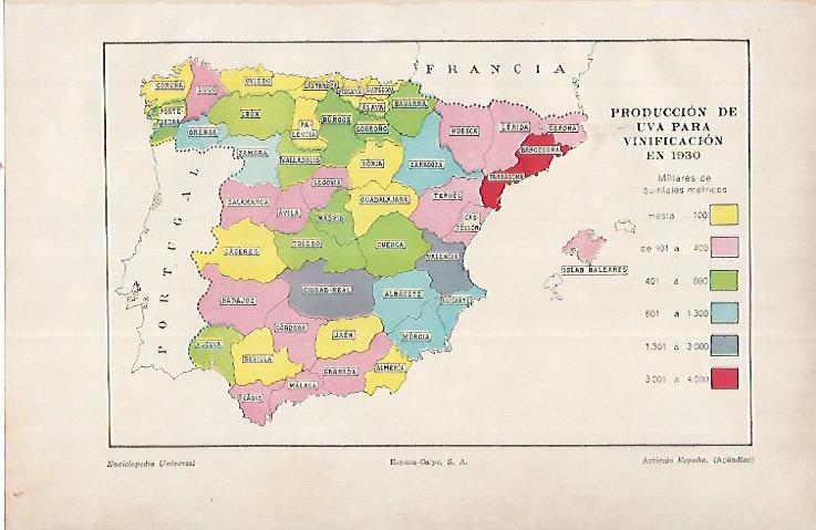 LAMINA ESPASA 22475: Produccion de uva en España en 1930