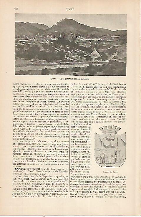 LAMINA ESPASA 22508: Vista y escudo de Sucre Bolivia
