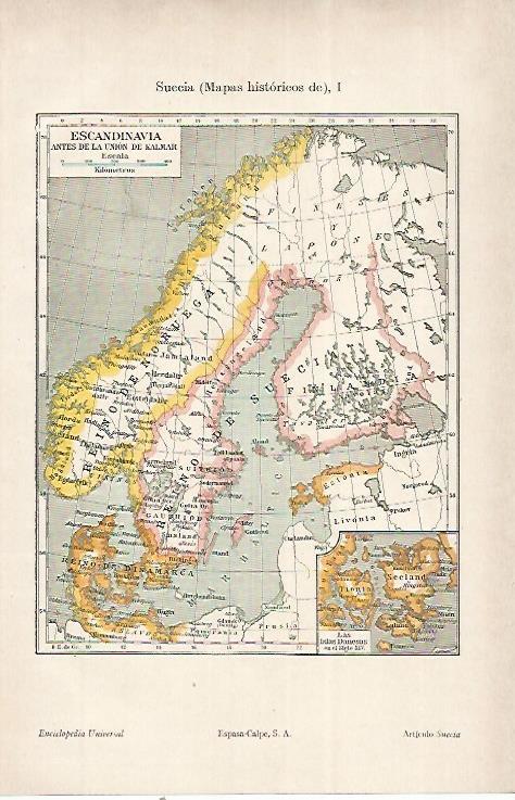 LAMINA ESPASA 22534: Mapa de Escandinavia antes de la union de Kalmar