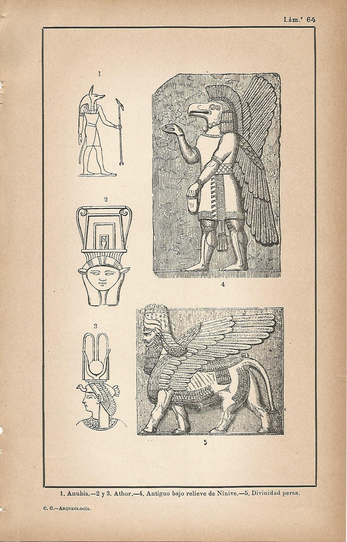 Lamina 064: Anubis - Hathor - Bajo relieve de Ninive - Toro alado