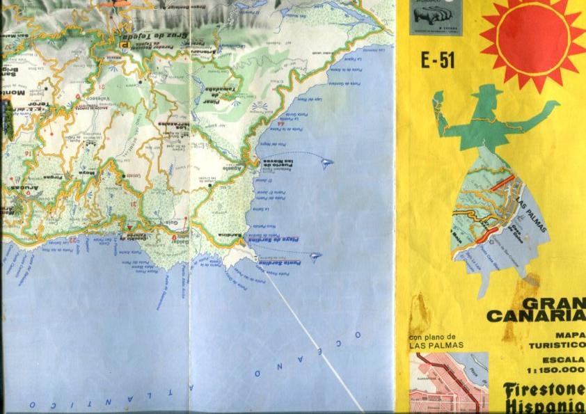 Mapa turistico Firestone Hispania E-51 para Gran Canaria, escala 1:150.000 con plano de Las Palmas