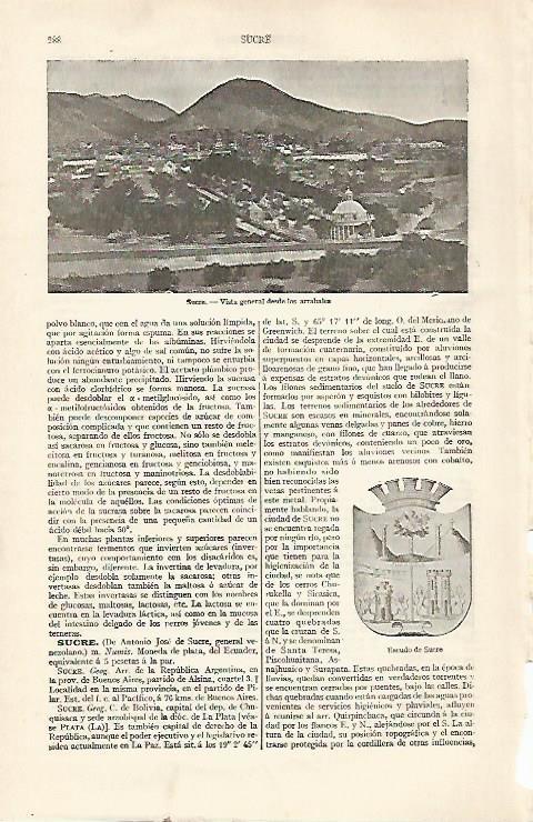 LAMINA ESPASA 22699: Vista y escudo de Sucre Bolivia