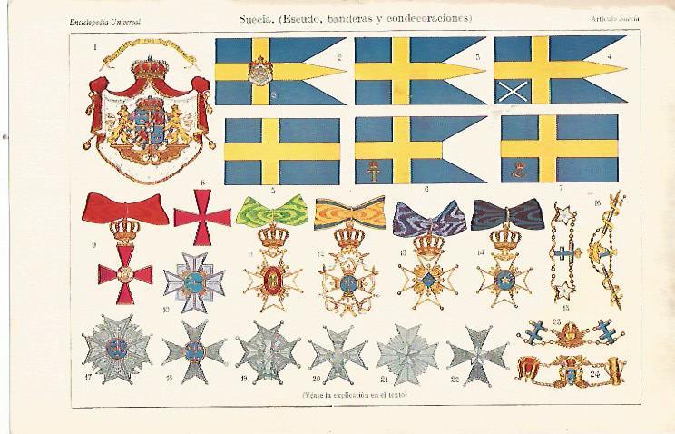 LAMINA ESPASA 22723: Escudo banderas y condecoraciones de Suecia