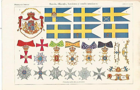 LAMINA ESPASA 22723: Escudo banderas y condecoraciones de Suecia