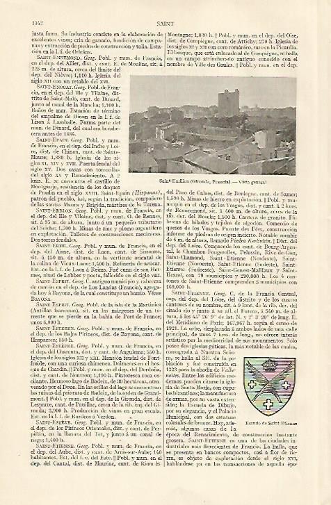 LAMINA ESPASA 22955: Escudo de Saint Etienne y vista de Saint Emilion