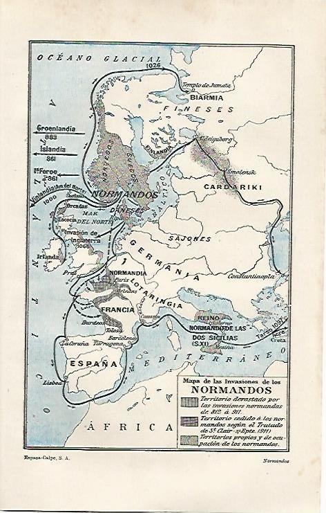 LAMINA ESPASA 20245: Mapa de las invasiones de los normandos