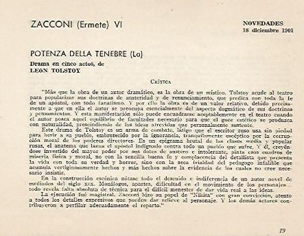 LAMINA 2608: Critica de La Potenza della Tenebre de Leon Tolstoi. Novedades 18 diciembre 1901