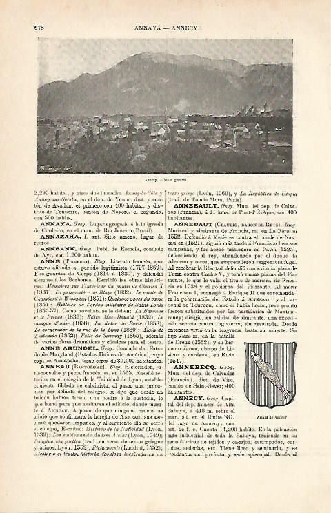LAMINA ESPASA 7006: Vista y escudo de Annecy Francia