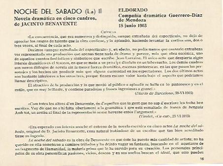 LAMINA 2973: Criticas de La Noche del Sabado de Jacinto Benavente. El Dorado 18 junio 1903