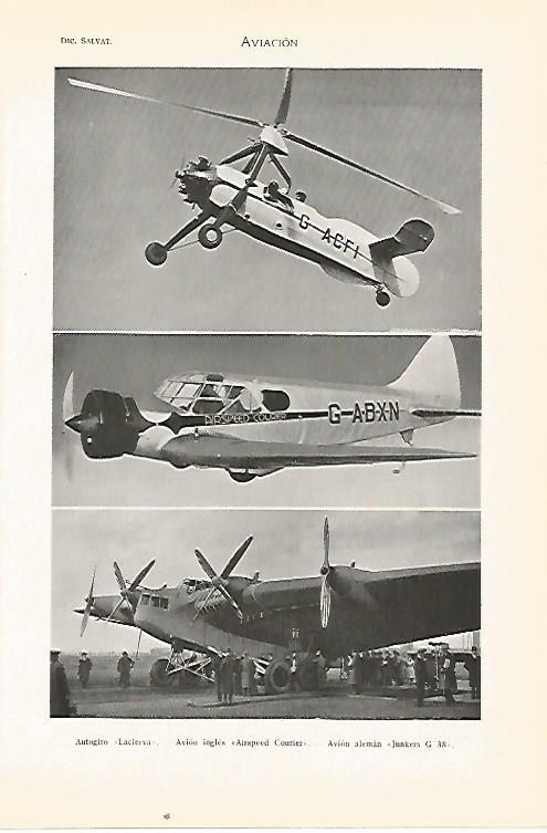 LAMINA SALVAT 80402: Autogiro Lacierva - Avion Aisrpeed Courier - Avion Junkers G 38