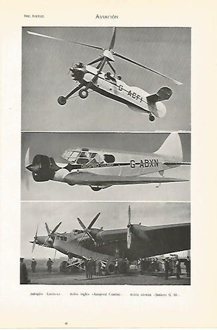 LAMINA SALVAT 80402: Autogiro Lacierva - Avion Aisrpeed Courier - Avion Junkers G 38
