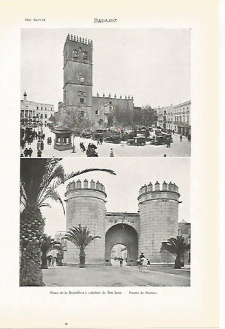 LAMINA SALVAT 80423: Plaza de la Republica y Puerta de Palmas en Badajoz