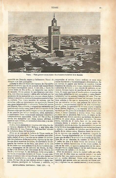 LAMINA ESPASA 11966: Alminar de la Kasbah de la ciudad de Tunez